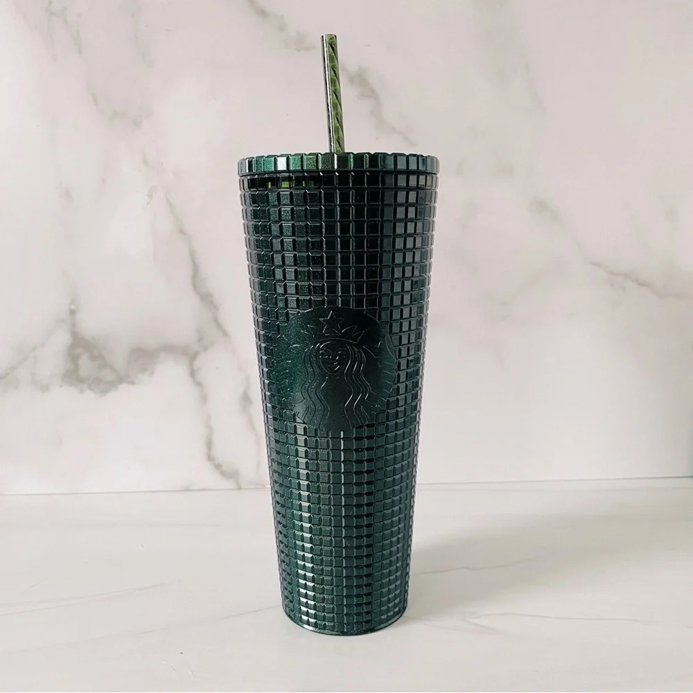 Starbucks 2021 Holiday Dark Green Metallic Grid 24 Oz Cold Cup Tumbler- New